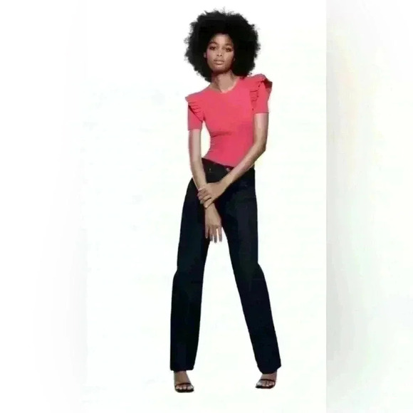 Zara Ruffle Sleeve Hot Pink Bodysuit Barbie Barbiecore size S Crew neck - Picture 7 of 11